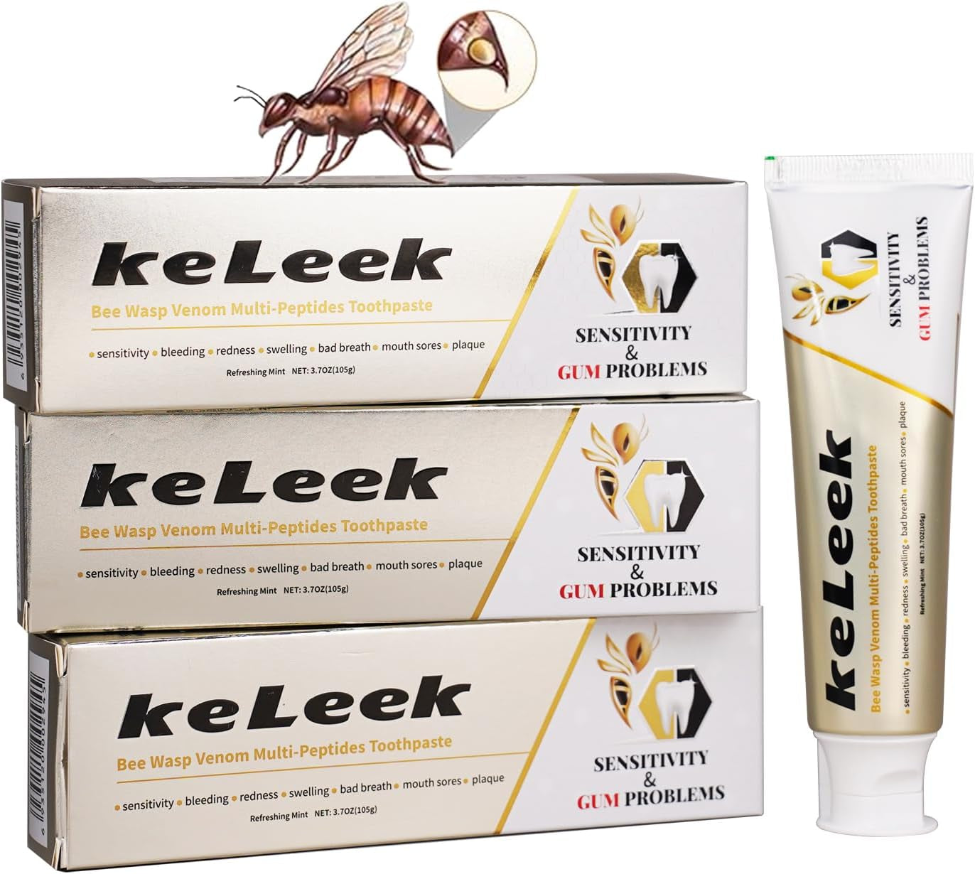 3PCS Bee Wasp Venom Peptides Toothpaste for Sensitivityand Gums Problems -Oral Care, Redness & Swelling Gums, Bad Breath,Plaque-12 Hoursrefreshing -3.7 OZ
