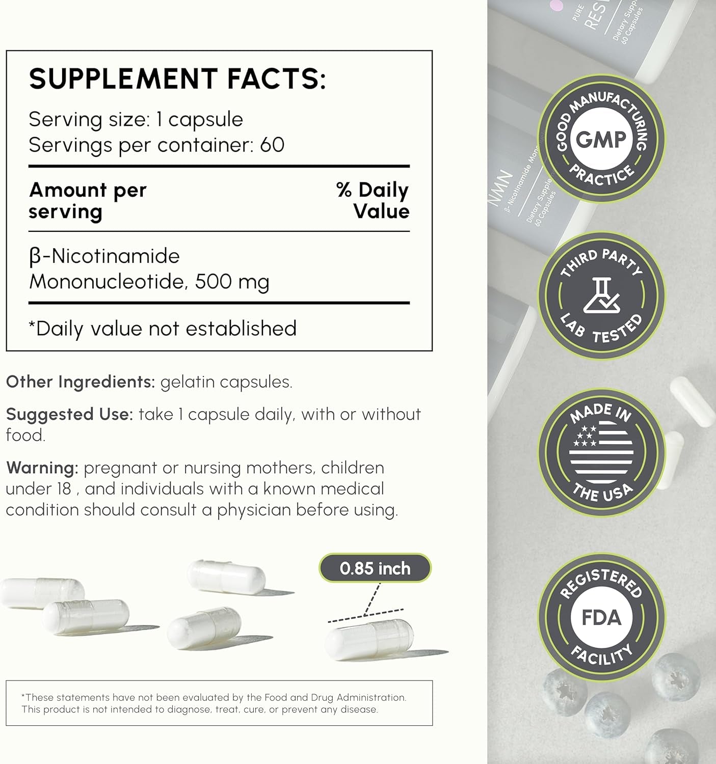 NMN Supplement 500Mg - High Purity Nicotinamide Mononucleotide - NAD+ Booster for Anti-Aging, Cellular Energy & Longevity - 60 Veggie Capsules