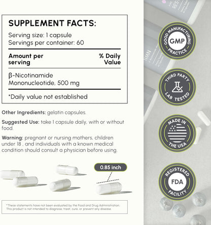 NMN Supplement 500Mg - High Purity Nicotinamide Mononucleotide - NAD+ Booster for Anti-Aging, Cellular Energy & Longevity - 60 Veggie Capsules
