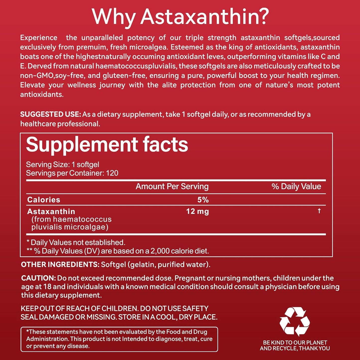 Astaxanthin 12Mg, 120 Softgels, Premium Astaxanthin Antioxidant Supplements with Antioxidant Activity, Supports Eye, Skin Health, Immune, Internal Circulation