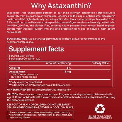 Astaxanthin 12Mg, 120 Softgels, Premium Astaxanthin Antioxidant Supplements with Antioxidant Activity, Supports Eye, Skin Health, Immune, Internal Circulation